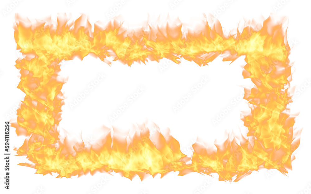 Obraz premium Fire frame, flame and heat on transparent png background inferno or orange energy icon. Illustration of danger, shape or texture design of realistic wildfire graphic detail, glow or earth element
