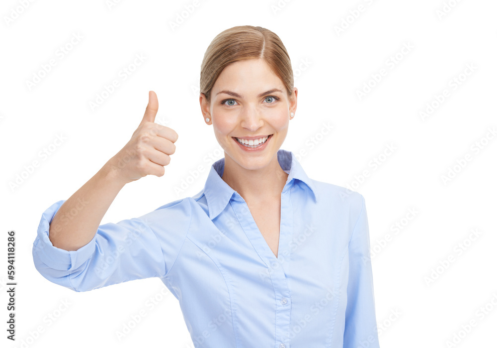Portrait, thumbs up and transparent with a business woman isolated on a PNG background for motivation. Thank you, success and hand gesture with an attractive young female in celebration of a deal Portrait, thumbs up and transparent with a business woman isolated on a PNG background for motivation. Thank you, success and hand gesture with an attractive young female in celebration of a deal