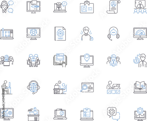 Virtual enterprise line icons collection. Simulation, Virtualization, Entrepreneurship, Digitalization, E-commerce, Cybersecurity, Collaboration vector and linear illustration. Innovation,Automation