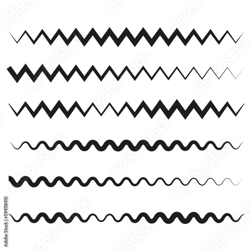 Horizontally repeatable wavy, waving, wave, billowy and zig-zag line, stripe. Vector illustration.