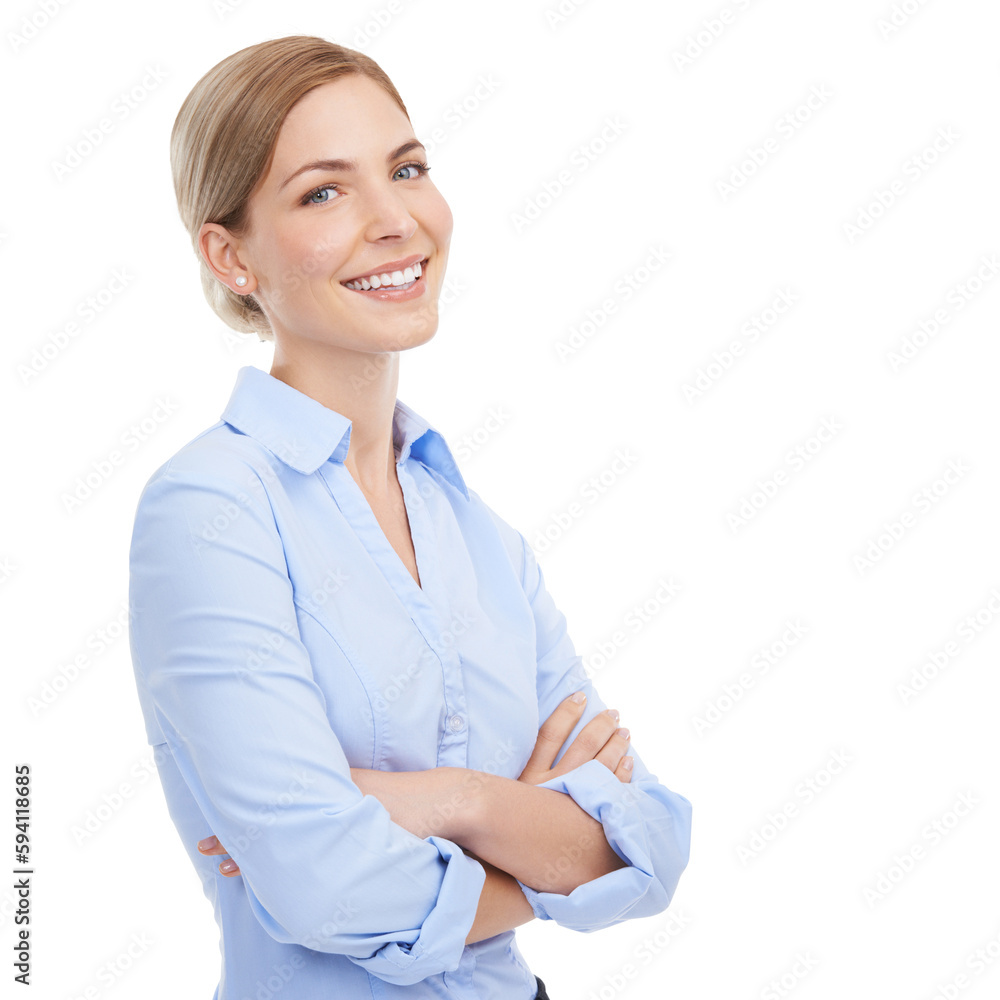 Portrait, vision and arms crossed with a woman employee isolated on a transparent background. Mindset, mission or professional with a confident and attractive young business female standing on PNG Portrait, vision and arms crossed with a woman employee isolated on a transparent background. Mindset, mission or professional with a confident and attractive young business female standing on PNG