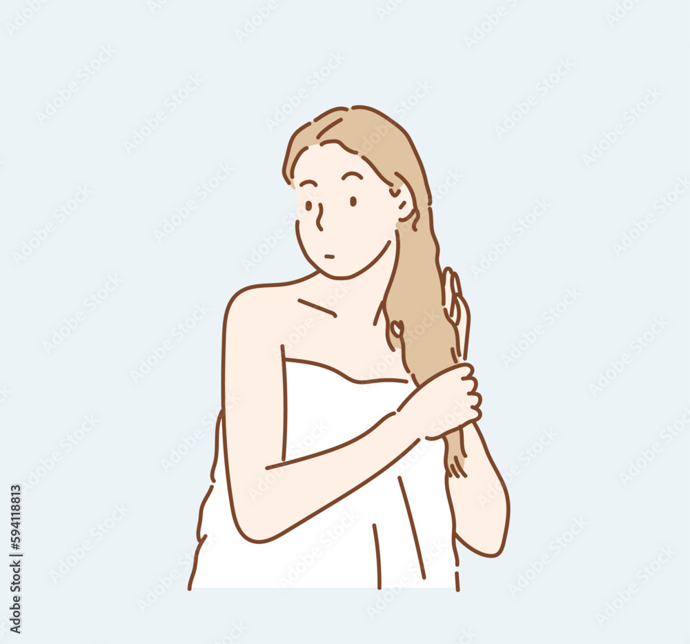 Lovely female with wet hair, takes shower, dries head with towel. Hand drawn style vector design illustrations. Lovely female with wet hair, takes shower, dries head with towel. Hand drawn style vector design illustrations.