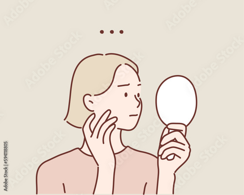 Young woman looking at mirror at home. feeling puzzled and worried. Hand drawn style vector design illustrations.