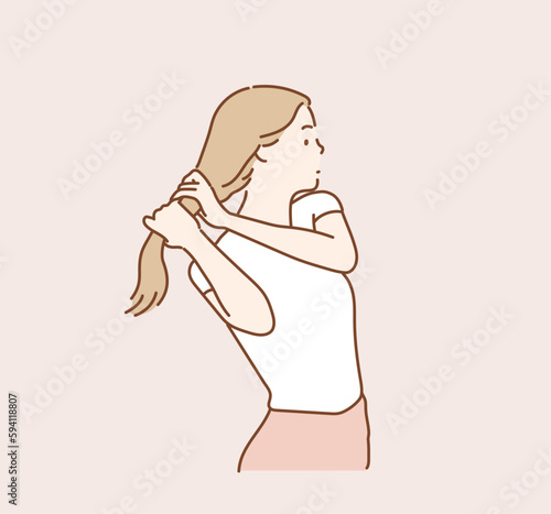 Woman tied her hair in a ponytail. Hand drawn style vector design illustrations.