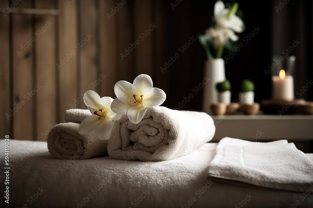 Composition with towels, flowers and stones on massage table in spa salon.