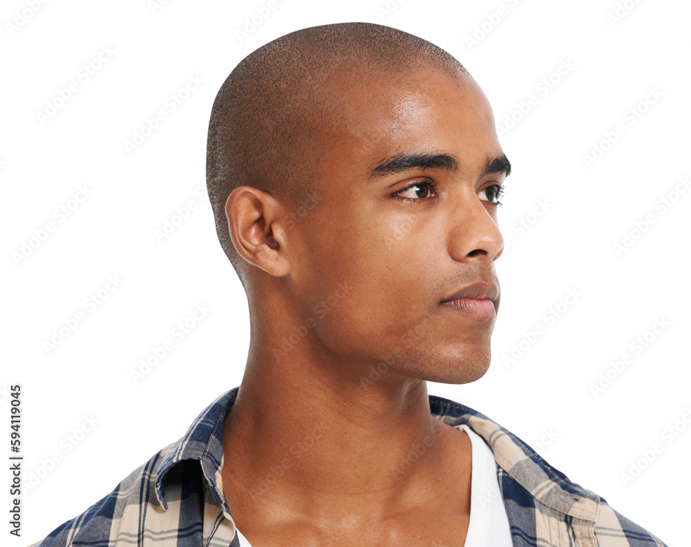 Man, face and thinking with vision and mindset isolated on transparent or png background. Focus, freedom and mind with young male, gen z and search for inspiration or motivation and posing - obrazy, fototapety, plakaty 