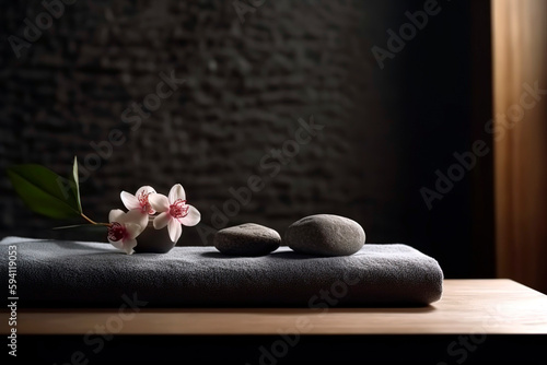 Composition with towels, flowers and stones on massage table in spa salon.
