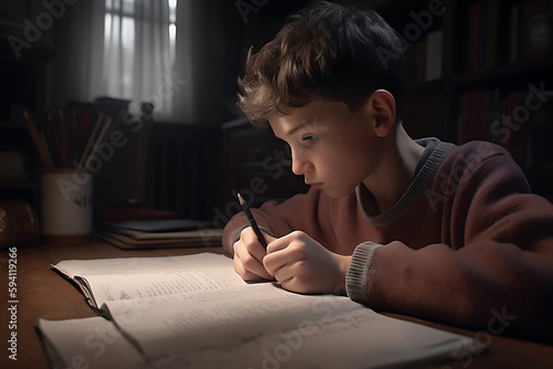 A boy is studying at home made by AI