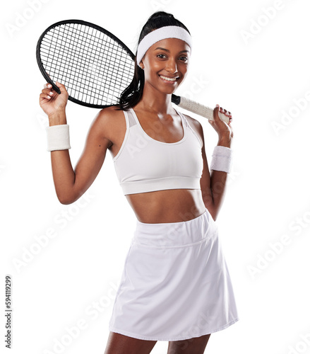 Tennis, happy portrait and woman with racket isolated on a transparent png background. Young athlete, indian female and smile in uniform with bat for contest, sports competition and fitness training © Krunal/peopleimages.com