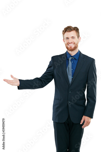 Portrait, presentation and PNG with a business man isolated on a transparent background for an introduction. Marketing, advertising and promotion with a male employee offering a company brand or logo