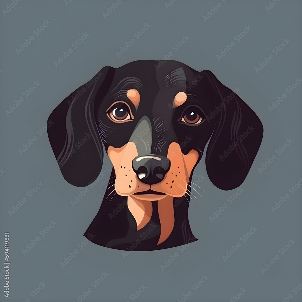 Portrait illustration of a cute black dachshund, pet drawing