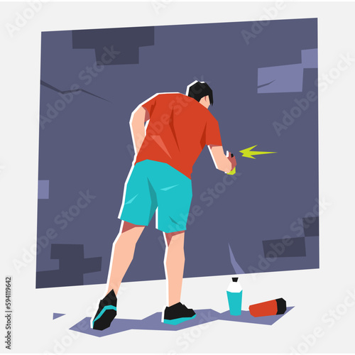 graffiti artist, mural painter paint on brick wall with spray paint. creative occupation. back view. flat vector illustration.