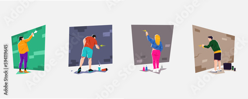 set of muralist, graffiti artist painting on brick wall with spray paint. different pose, gesture, color, gender. creative occupation. flat vector illustration.