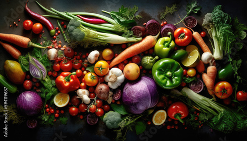 Top view of various salad vegetables on the dark black background. Fresh fruit and Vegetable concept. Nutrition and vitamin theme. Generative AI