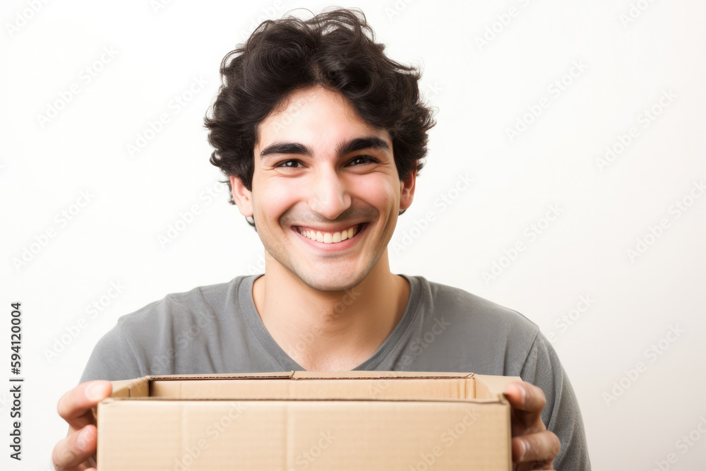 Smiling young man holding a cardboard box, with a white background, high quality generative ai Smiling young man holding a cardboard box, with a white background, high quality generative ai