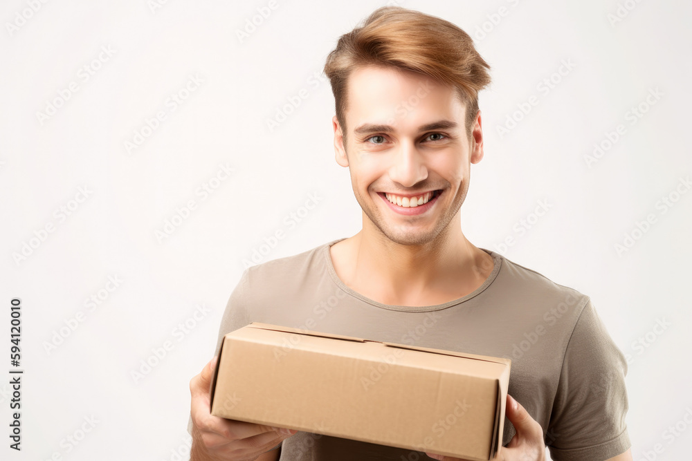 Smiling young man holding a cardboard box, with a white background, high quality generative ai Smiling young man holding a cardboard box, with a white background, high quality generative ai