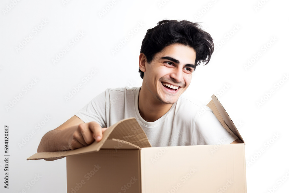 Smiling young man holding an open cardboard box and reaching with one arm in it, with a white background, high quality generative ai Smiling young man holding an open cardboard box and reaching with one arm in it, with a white background, high quality generative ai