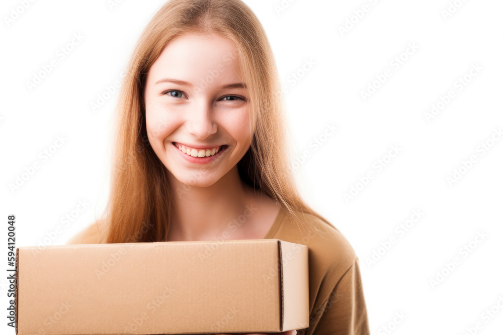 Smiling young girl holding a cardboard box, with a white background, high quality generative ai Smiling young girl holding a cardboard box, with a white background, high quality generative ai