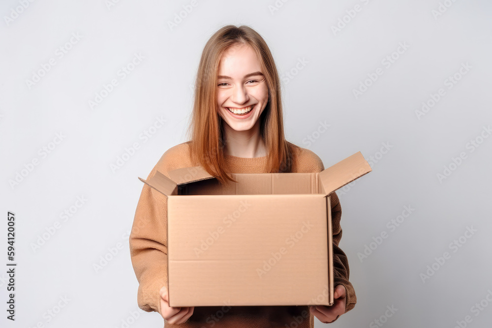 Smiling young girl holding a cardboard box, with a white background, high quality generative ai Smiling young girl holding a cardboard box, with a white background, high quality generative ai