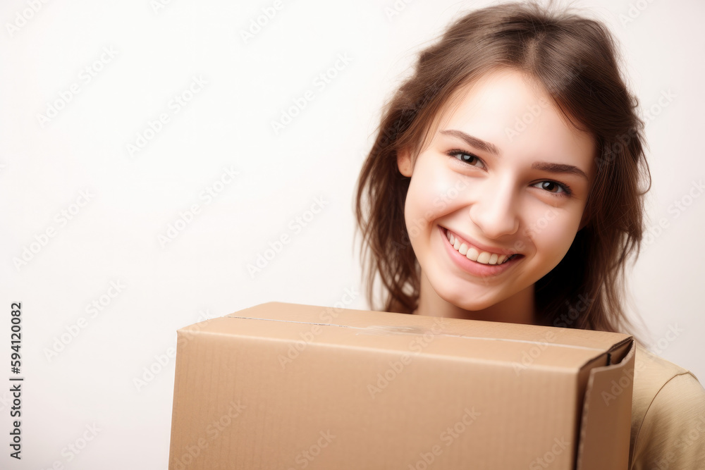 Smiling young girl carrying a cardboard box, with a white background, high quality generative ai Smiling young girl carrying a cardboard box, with a white background, high quality generative ai
