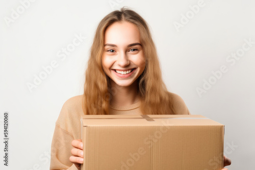Smiling young girl holding a cardboard box, with a white background, high quality generative ai