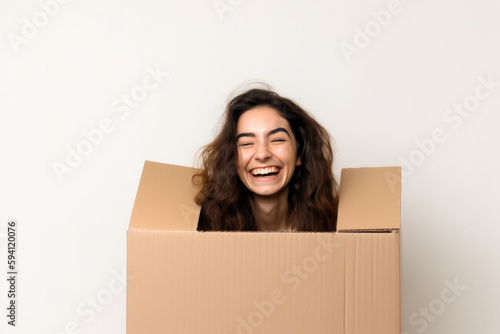 Smiling young girl looking out of an open cardboard box, with a white background, high quality generative ai