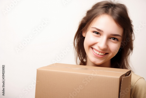 Smiling young girl carrying a cardboard box, with a white background, high quality generative ai