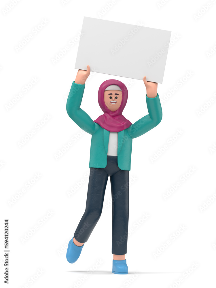 3D illustration of a smiling Arab women Ghaliyah holding white blank board. Portraits of cartoon characters stand with display banners held high in both hands, Advertising board, 3D rendering on white