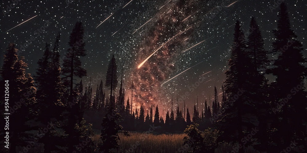 Fototapeta premium Abstract time lapse night sky with shooting stars over forest landscape. Milky way glowing lights background. 