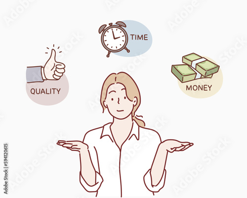 Business woman contemplating over conflicting interrelated values triangle. Time, money cost or quality question concept.Hand drawn style vector design illustration.