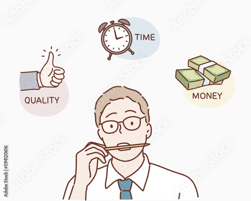 Business man contemplating over conflicting interrelated values triangle. Time, money cost or quality question concept.Hand drawn style vector design illustration.