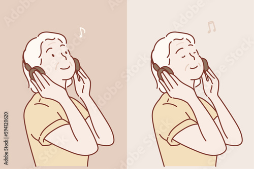 Grand Mother Listening Music .Hand drawn style vector design illustrations.