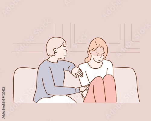 Worried woman comforting a depressed friend sitting on a couch at home. Hand drawn style vector design illustrations.