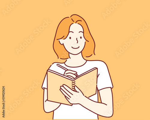 A woman writes a list of goals for 2024 in a white notebook. Hand drawn style vector design illustrations.