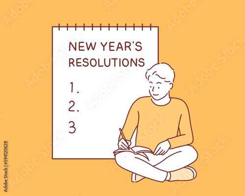 A man writes a list of goals for 2024 in a white notebook. Hand drawn style vector design illustrations.