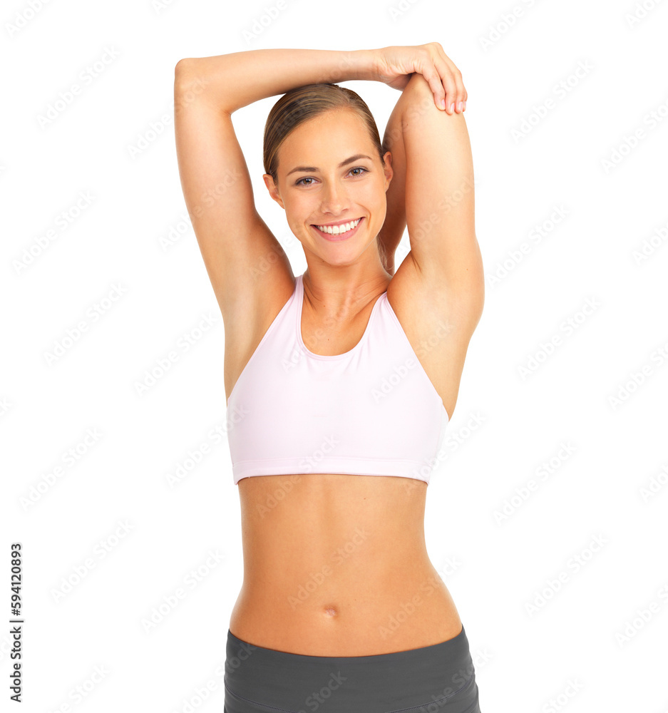 Fitness, happy and portrait of woman stretching before workout for health, wellness or weightloss. Happiness, smile and female model doing arm warm up exercise isolated by transparent png background. Fitness, happy and portrait of woman stretching before workout for health, wellness or weightloss. Happiness, smile and female model doing arm warm up exercise isolated by transparent png background.