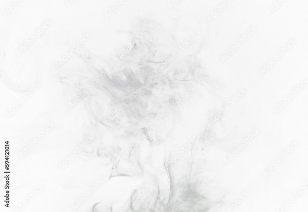 Obraz premium Grey smoke puff, white background and studio with no people with fog in the air. Smoking, smog swirl and isolated with smoker art from cigarette or pollution with graphic space for incense creativity
