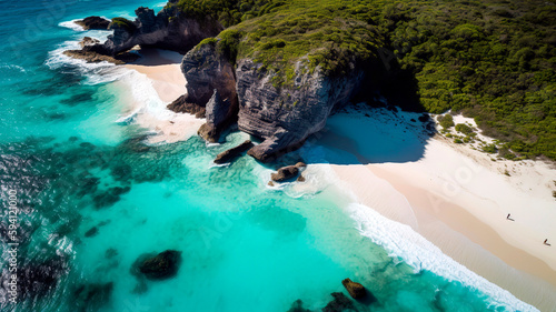 Aerial view of a secluded beach with turquoise waters, white sand, and dramatic cliffs.