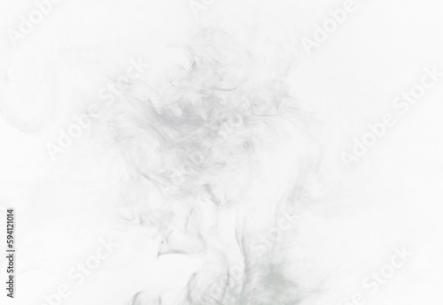 Grey smoke puff, white background and studio with no people with fog in the air. Smoking, smog swirl and isolated with smoker art from cigarette or pollution with graphic space for incense creativity