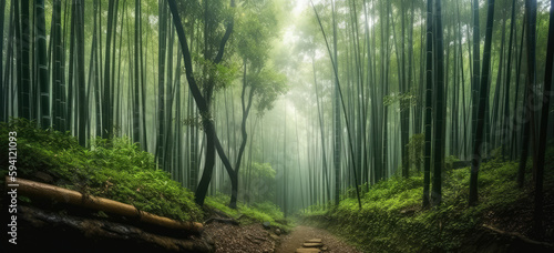 Pathway through a large bamboo garden  web banner of a bamboo forest  generative ai