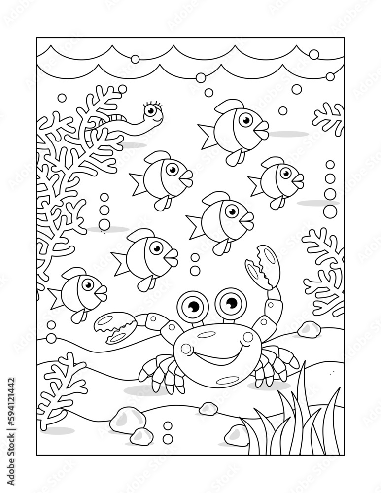 Coloring page with fish flock, crab and underwater scene of sea life

