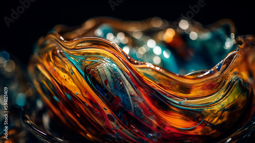 Abstract close-up of a swirling, multi-colored glass sculpture.