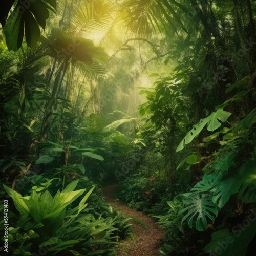 Tropical lush green  jungle forest with a curvy walking path hidden inside it at a late golden hour of sunshine
