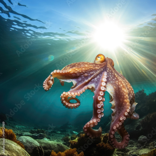 an octopus is submerging under the sea  in the style of sunrays shine upon it  photorealistic accuracy  serene seascapes  meticulously detailed