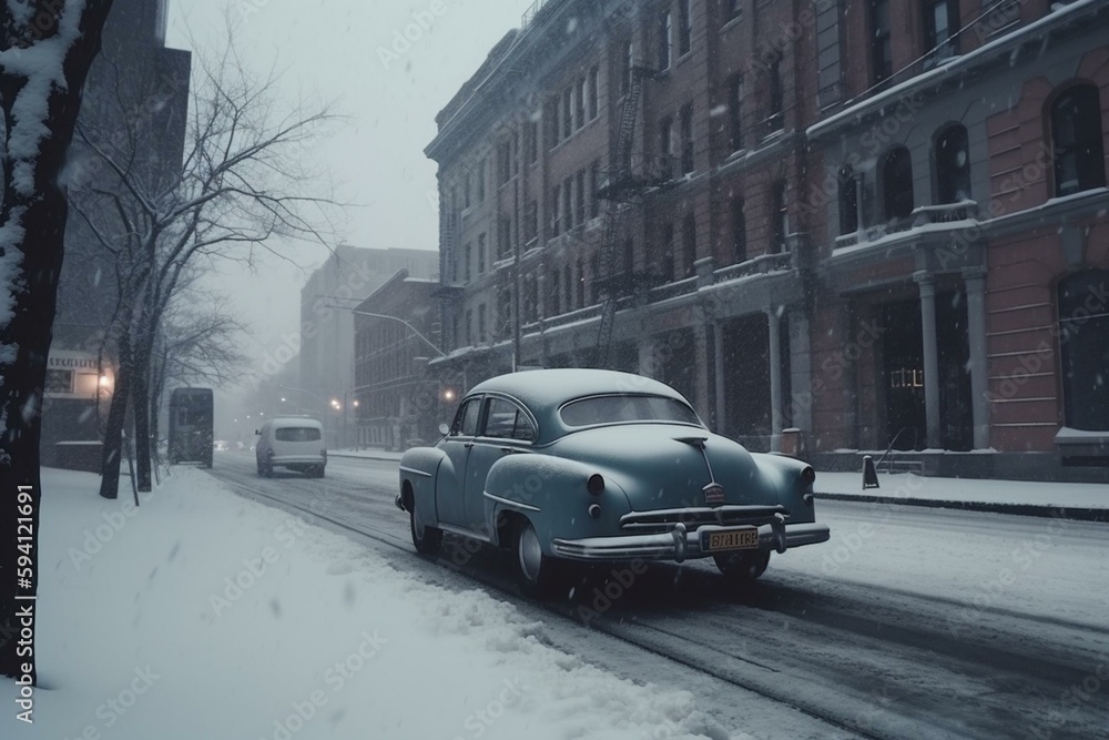 vintage car in modern city drove along sidewalk covered with snow, generative ai