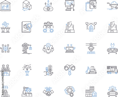 Assembly line line icons collection. Automation, Mass production, Efficiency, Productivity, Manufacturing, Robotics, Conveyor vector and linear illustration. Mechanized,Engineering,Factory outline