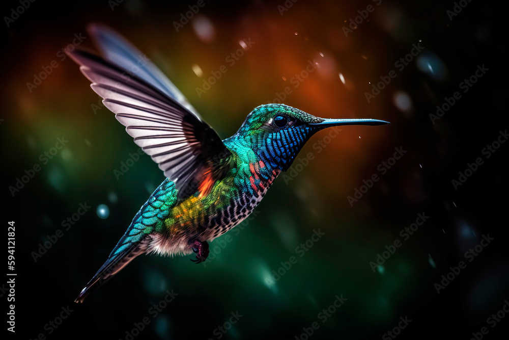 Obraz premium Close - up of a hummingbird hovering in mid - air, its wings frozen in motion and showcasing the stunning iridescent colors of its feathers.