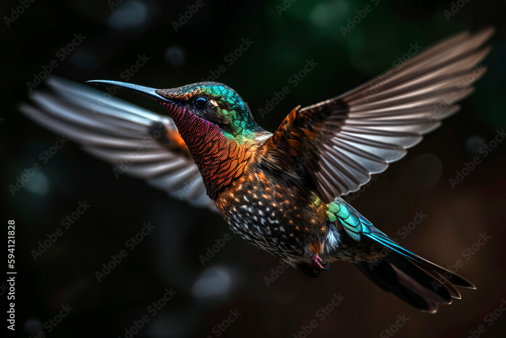 Obraz premium Close - up of a hummingbird hovering in mid - air, its wings frozen in motion and showcasing the stunning iridescent colors of its feathers.