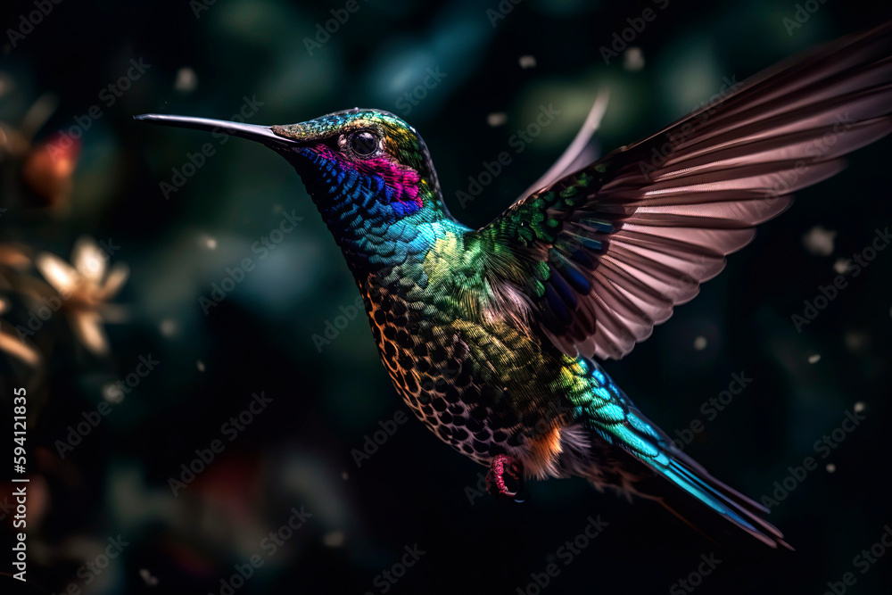 Fototapeta premium Close - up of a hummingbird hovering in mid - air, its wings frozen in motion and showcasing the stunning iridescent colors of its feathers.