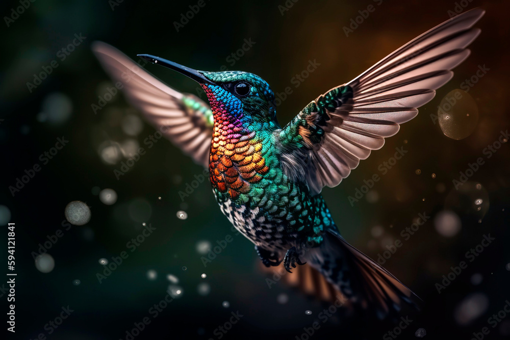 Obraz premium Close - up of a hummingbird hovering in mid - air, its wings frozen in motion and showcasing the stunning iridescent colors of its feathers.